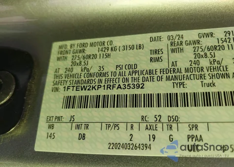 2024 Ford F150 Stx z USA, uszkodzony, nr VIN 1FTEW2KP1RFA35392